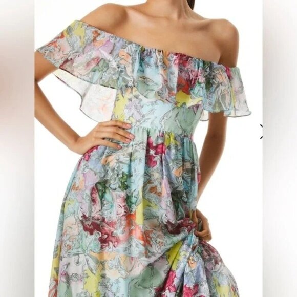NWT ALICE + OLIVIA X Lola Schnabel Tempie Ruffle Off Shoulder Maxi Dress Size 2 - Picture 4 of 10